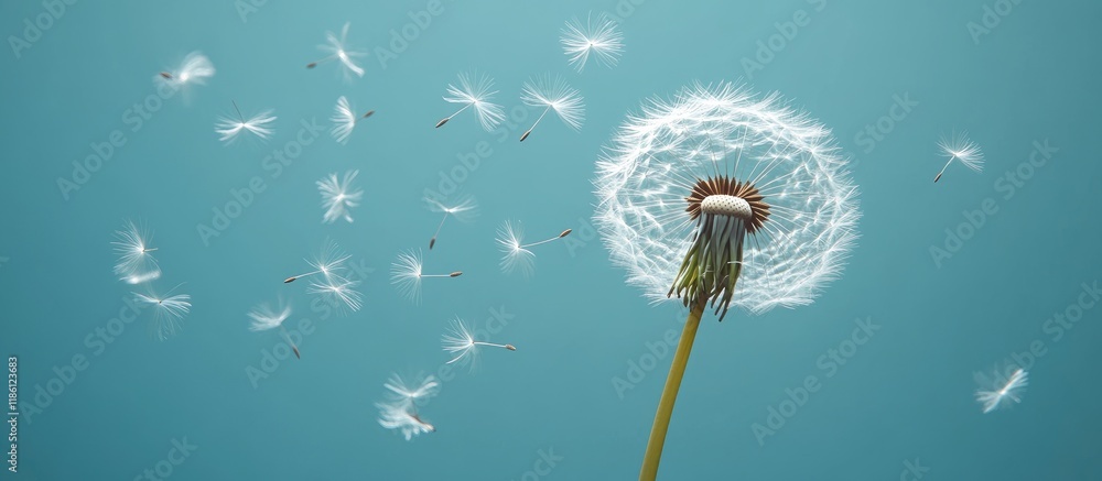 Aufkleber close up of dandelion seeds blowing against a blue background. with copy space image. place for addi