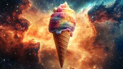 A cosmic ice cream cone glowing with vibrant stardust in a swirling nebula 