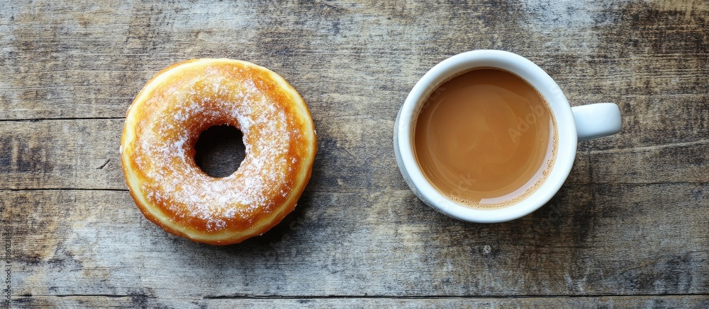 Aufkleber espresso alongside a glazed donut on a wooden table viewed from above featuring copy space