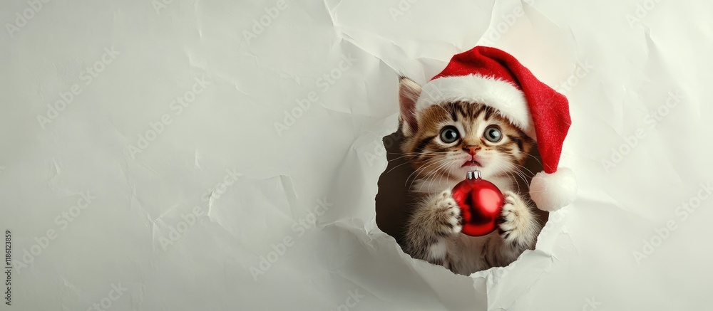 Poster winking kitten with a red santa hat holding a christmas tree ornament and peering through a hole in 