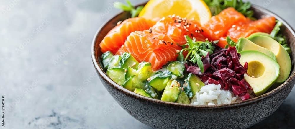 Aufkleber traditional hawaiian poke salad featuring salmon avocado rice and vegetables served in a bowl for tw