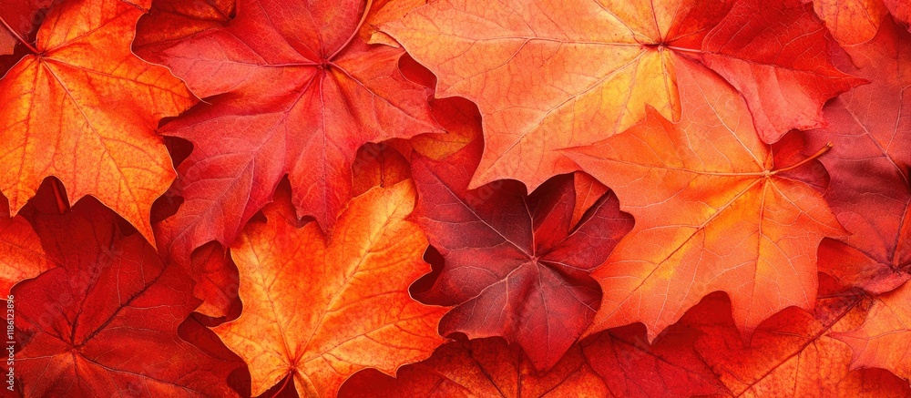Poster bright red and orange autumn sugar maple leaves acer saccharum in close up macro. with copy space im