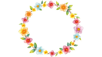 Pastel drawing artistic image of floral wreath as a frame for round white space. some leaves or flowers may overlap that white background. it has to be colorful, look natural. Generative AI