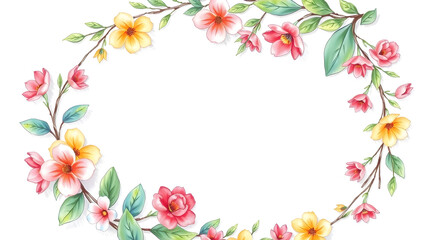 Pastel drawing artistic image of floral wreath as a frame for round white space. some leaves or flowers may overlap that white background. it has to be colorful, look natural. Generative AI