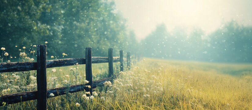 Early morning countryside scene featuring a fence and meadow with copyspace Grunge texture