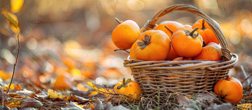 Leinwandbilder Fresh ripe persimmons in a wicker basket on the ground. with copy space image. Place for adding text or design