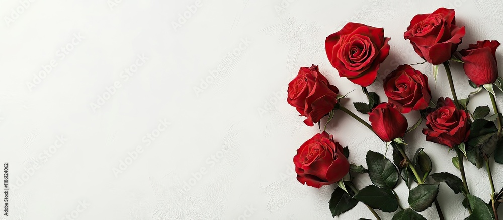 Leinwandbilder A cluster of bright red roses next to a blank image featuring copy space on a simple white background