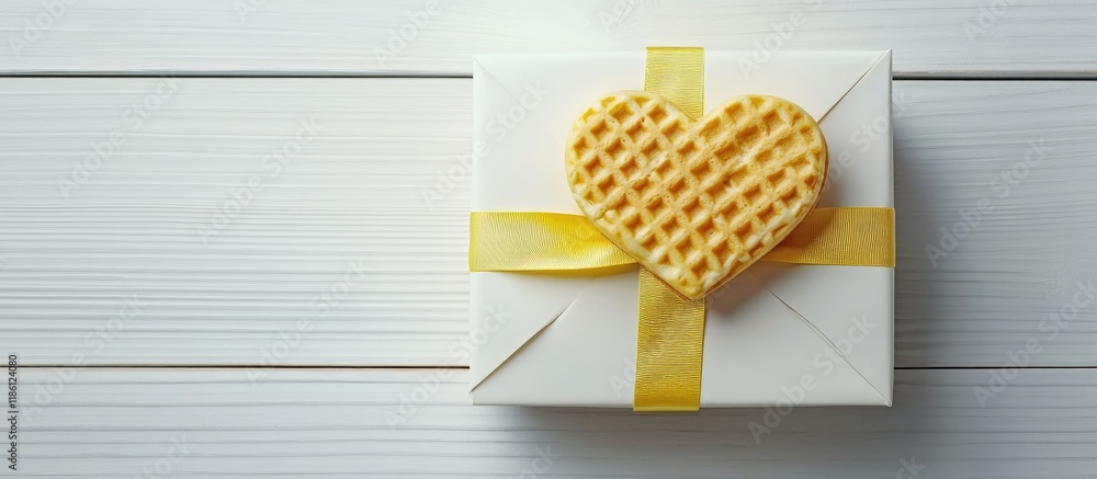 Poster A gift box adorned with a yellow ribbon and a heart shaped waffle rests on a white wooden surface Top view. with copy space image. Place for adding text or design