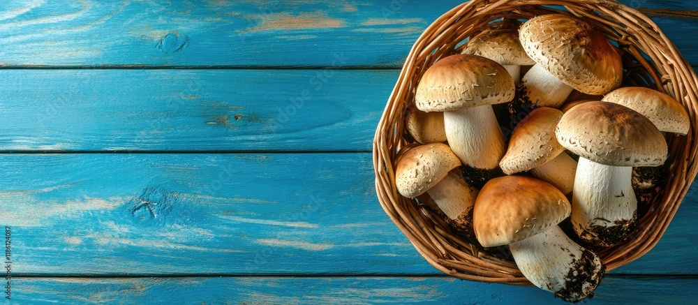 Leinwandbilder mushroom boletus in a basket on a blue wooden table collecting fresh cep food design autumn nature c