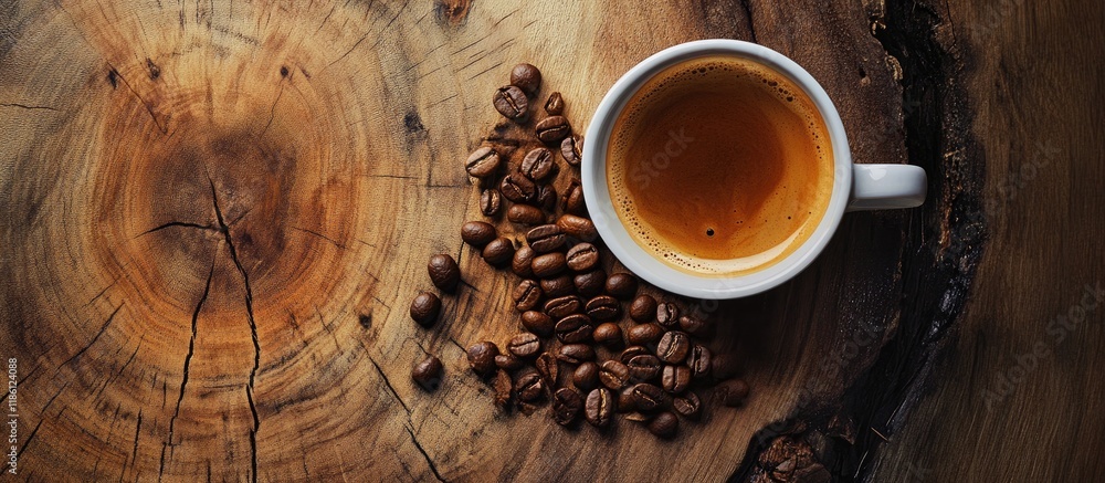 Aufkleber coffee beans beside a cup of coffee on a wooden surface. with copy space image. Place for adding text or design