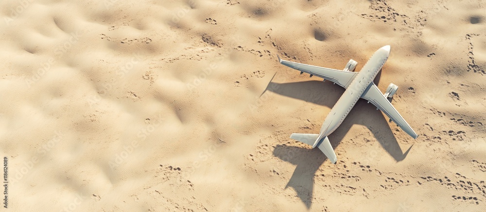 Aufkleber Airplane rests on sand Top view. with copy space image. Place for adding text or design
