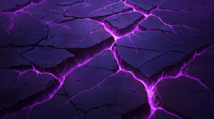 Ground cracks with purple light inside top view. Vector cartoon texture of horizontal breaks in land surface with magic glow or lightnings isolated on black background.