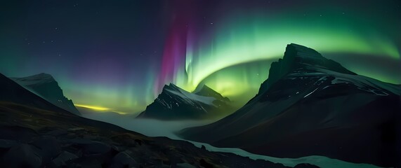 A breathtaking aurora borealis illuminating rugged mountains casting vibrant colors across the night sky