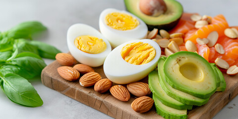 Healthy Keto Food Ingredients on Wooden Board

