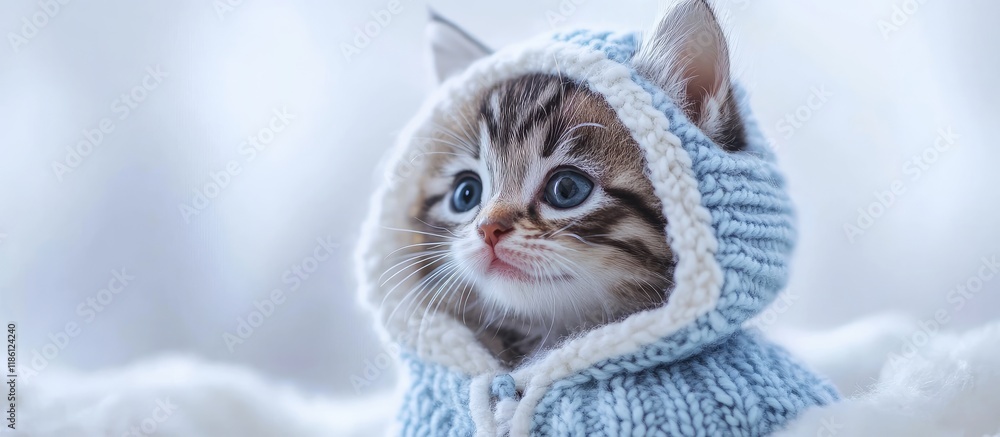 Poster kitten dressed in winter attire attractive web banner with copyspace kitten in a white and blue hood