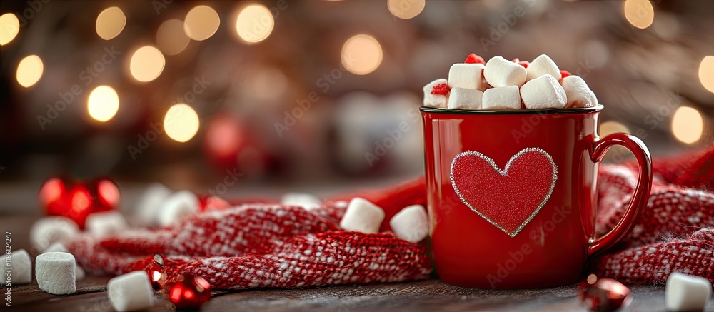 Poster hot chocolate topped with marshmallows a red heart on the cup sitting on a table adorned with winter