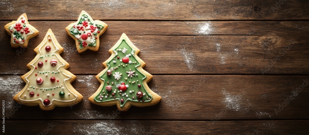 Poster Three Christmas Tree Cookies with various Decorations on a Wooden Background. with copy space image. Place for adding text or design