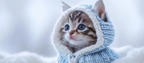 Kitten dressed in winter attire Attractive web banner with copyspace Kitten in a white and blue hooded sweater set against a light backdrop Studio portrait of a kitten gazing to the side Pet