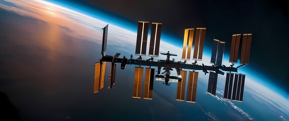 A breathtaking capture of the International Space Station contrasting beautifully against vibrant horizons