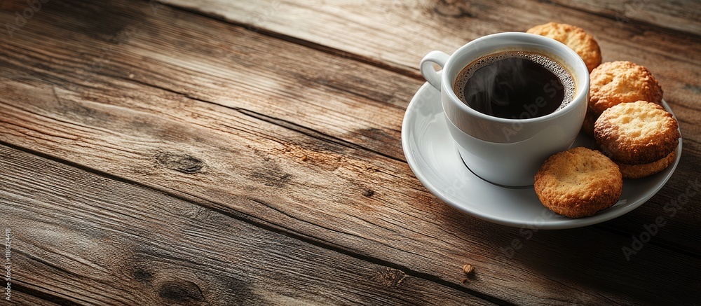 Poster cup of hot coffee with a plate of biscuits on a wooden table. with copy space image. place for addin