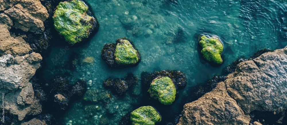 Aufkleber A top view of an ocean tide pool featuring rocks covered in algae. with copy space image. Place for adding text or design