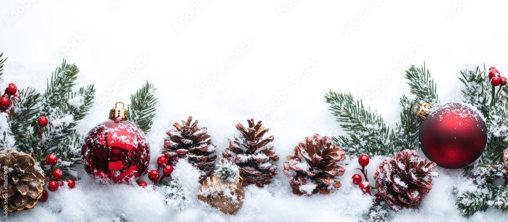 Poster christmas background featuring balls decorations snow holly berries and cones isolated on white. wit