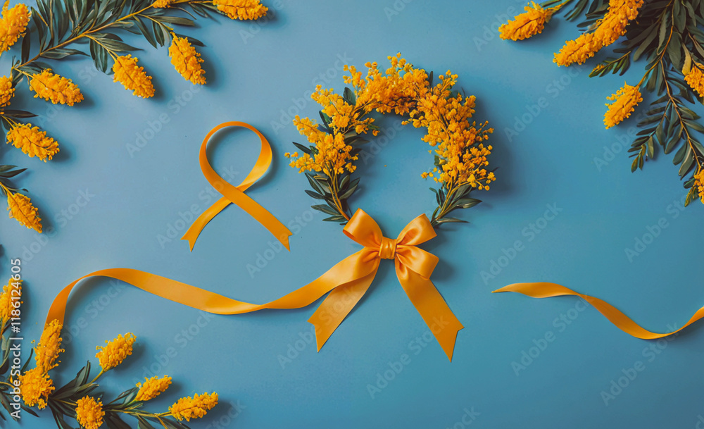 Poster yellow ribbon is tied to a yellow flower, creating a beautiful and cheerful decoration. the ribbon i
