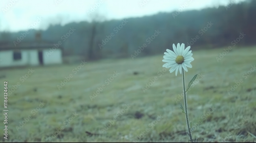 Poster single daisy flower in sharp focus with blurred field background and soft natural lighting