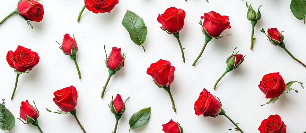 Leinwandbilder pattern of red rose buds on a white background for a floral card. with copy space image. place for a