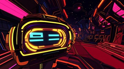 Neon Cyberpunk Spaceship Corridor: A Futuristic Digital Artwork