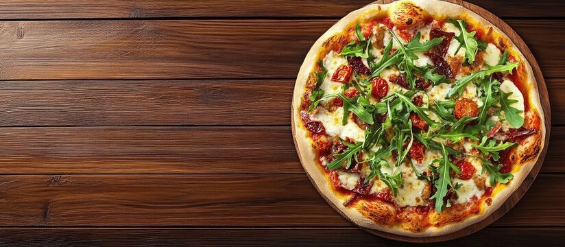 Brazilian style pizza featuring mozzarella sun dried tomatoes and arugula Top view Copy space Pizza de tomate seco com rucula