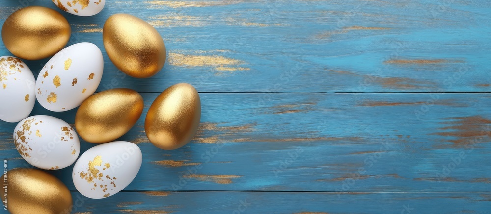 Poster gold and white easter eggs set against a blue brushed wooden backdrop vibrant golden easter eggs dis