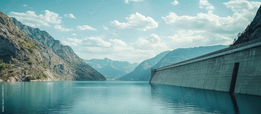 Aufkleber Water reservoir dam retaining water with mountains in the background. with copy space image. Place for adding text or design
