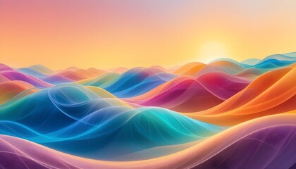 Naklejka premium Vibrant Sunset Over Colorful Rolling Hills and Mountains in a Dreamlike Landscape