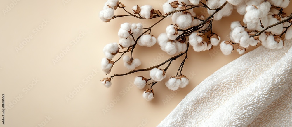 Aufkleber soft cotton flowers and a white terry towel on a beige backdrop top view room for text. with copy sp