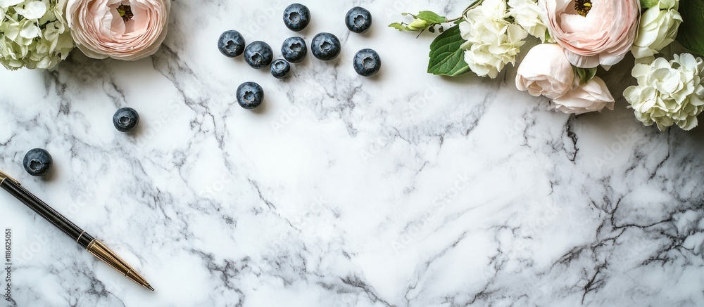 Poster Flat lay top view of a feminine marble table featuring notes flowers a pen and blueberries. with copy space image. Place for adding text or design