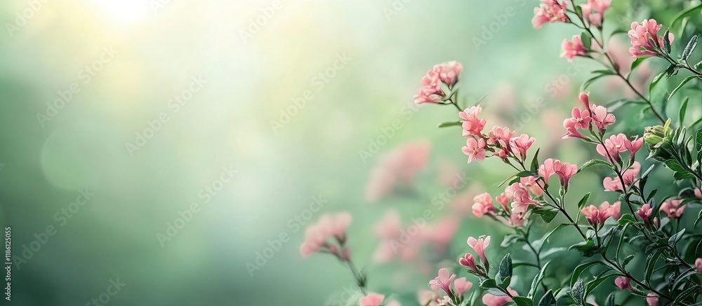 Aufkleber Lovely small pink flowers against a green background. with copy space image. Place for adding text or design