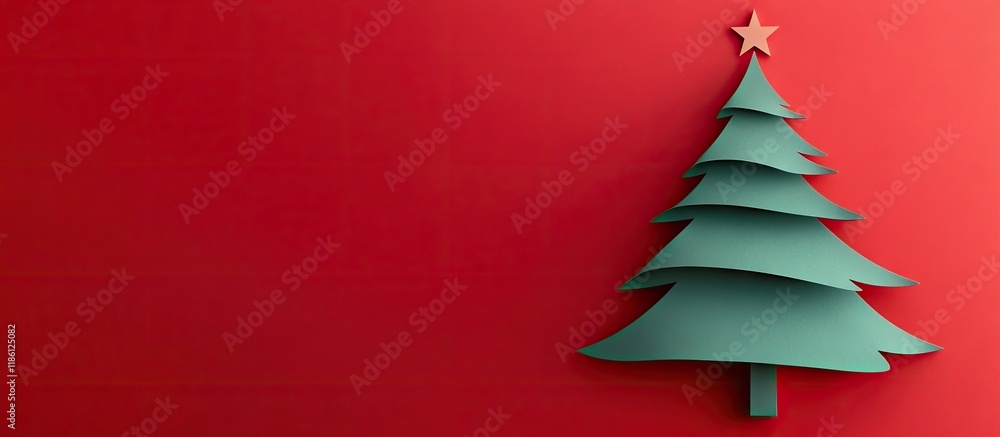 Poster Happy New Year and Merry Christmas card minimalistic idea Handmade vertical paper tree cutout design Applique paper in red and green with copyspace for text