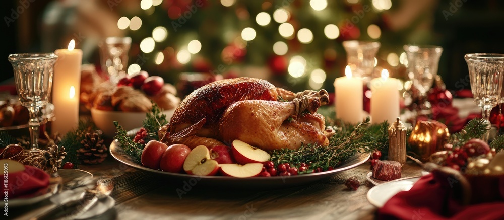 Poster Classic Christmas roast chicken with apples and thyme for a family meal The table is adorned with candles festive lights and fir tree branches. with copy space image. Place for adding text or design