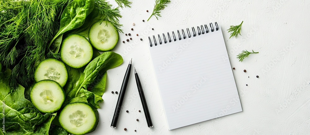Leinwandbilder pepper and cucumber slices spinach leaves and dill pen and notebook copyspace white background top v