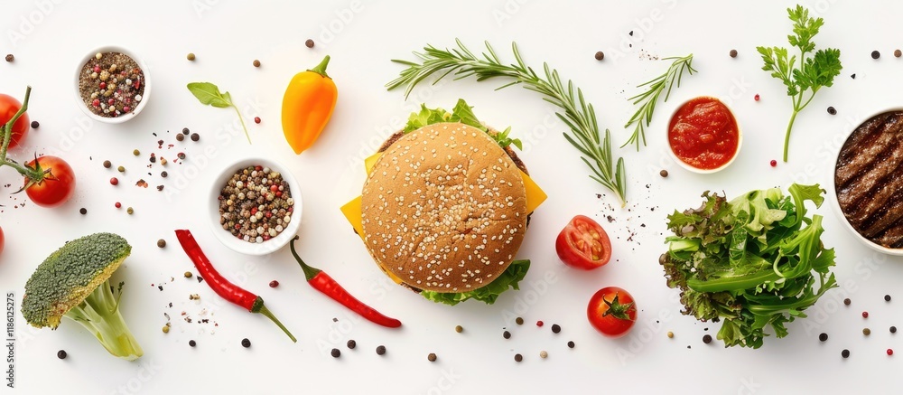 Aufkleber a variety of ingredients for preparing a burger on a white background making a burger homemade hambu