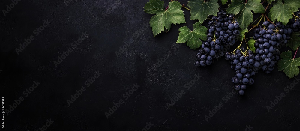 Fototapete grapevine plant set against a black background branch of grapes with leaves shot from above top view