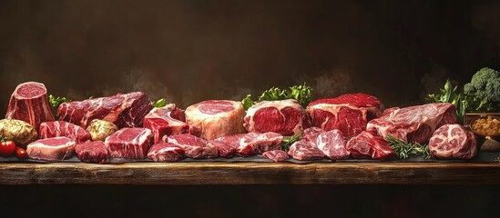 Choosing quality meat at a butcher shop Various types of fresh meat are showcased Meat variety. with copy space image. Place for adding text or design