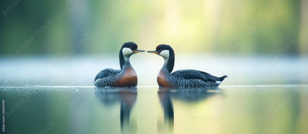 Poster Two Red necked Grebes in a lake during spring. with copy space image. Place for adding text or design