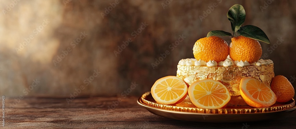 Poster Oranges cake and gold on wood representing a Chinese New Year theme. with copy space image. Place for adding text or design