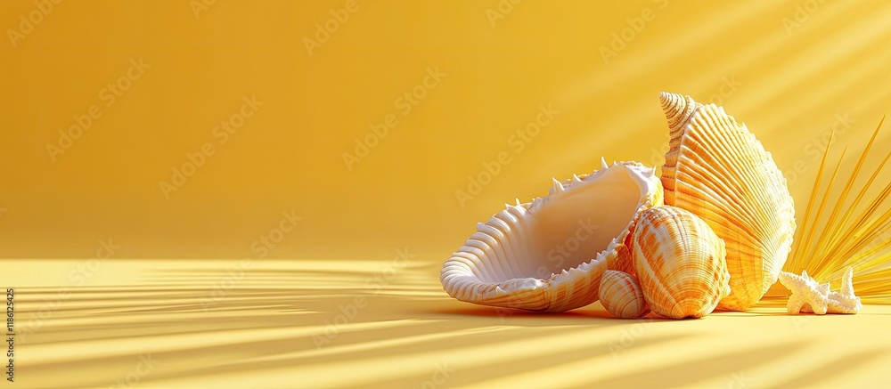 Aufkleber Shell against a yellow backdrop Summer theme. with copy space image. Place for adding text or design