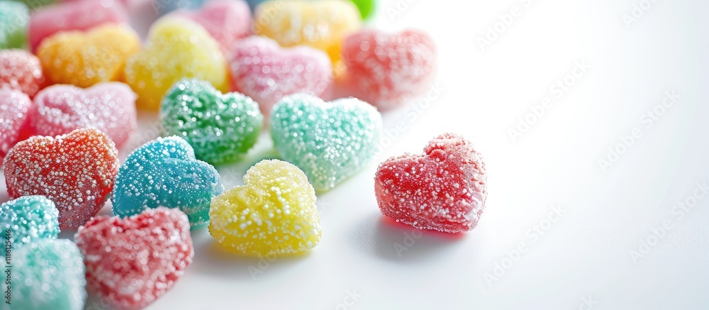 Poster Numerous multicolored sugar hearts on a white backdrop Valentine s Day theme Selective focus. with copy space image. Place for adding text or design