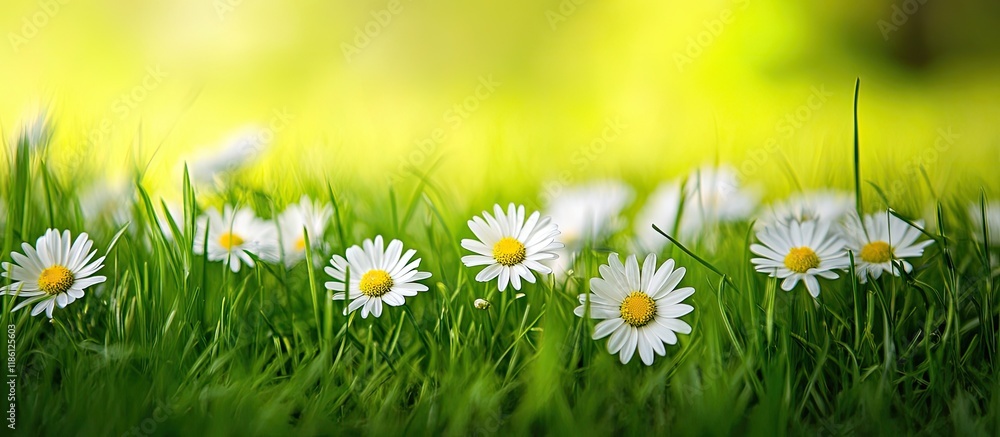 Aufkleber close up of wild daisy flowers among green grass. with copy space image. place for adding text or de