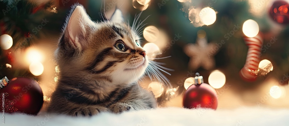 Aufkleber Small amusing kitten on a Christmas backdrop close up. with copy space image. Place for adding text or design