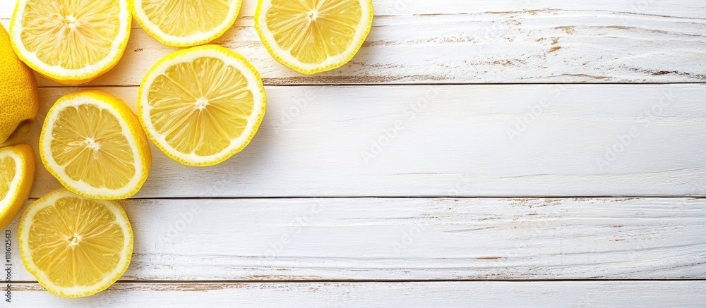 Aufkleber Background featuring lemon slices on a white wooden board Template. with copy space image. Place for adding text or design